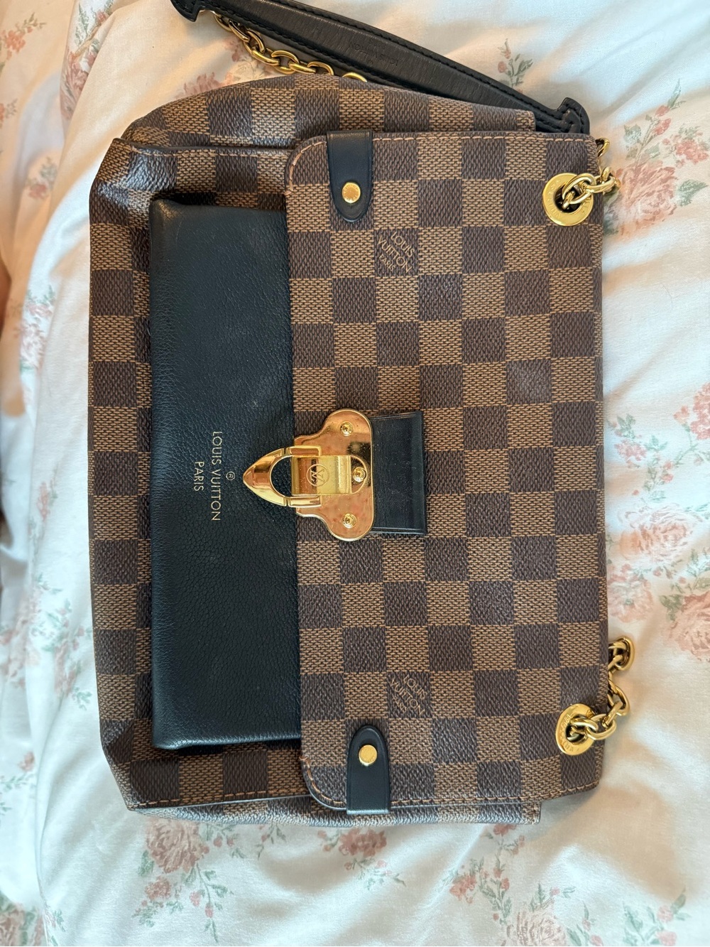Louis Vuitton Brown Damier Ebene Shoulder Bag with Black Trim and Gold Hardware